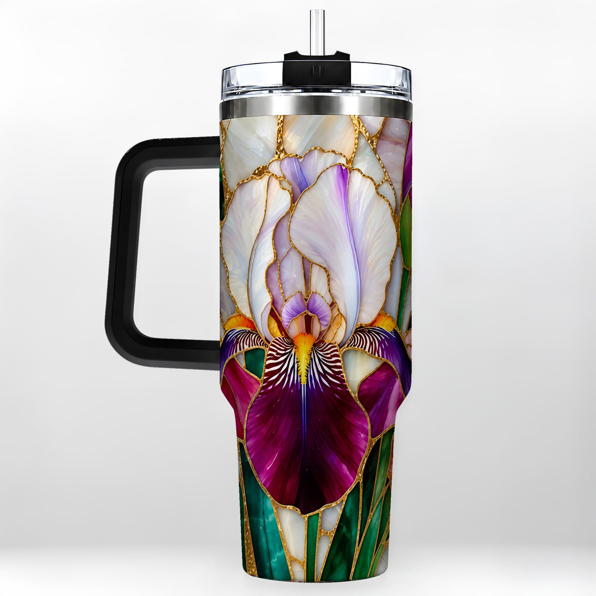 #pl[40oz|Black] Iris Flower 40oz Tumbler, Stained Glass Floral Stainless Steel Cup