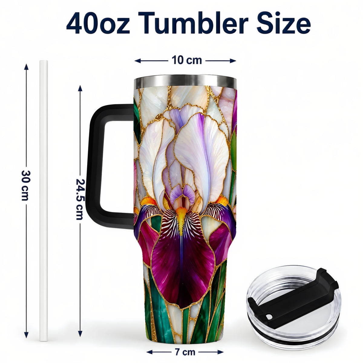 #pl[40oz|Black] Iris Flower 40oz Tumbler, Stained Glass Floral Stainless Steel Cup