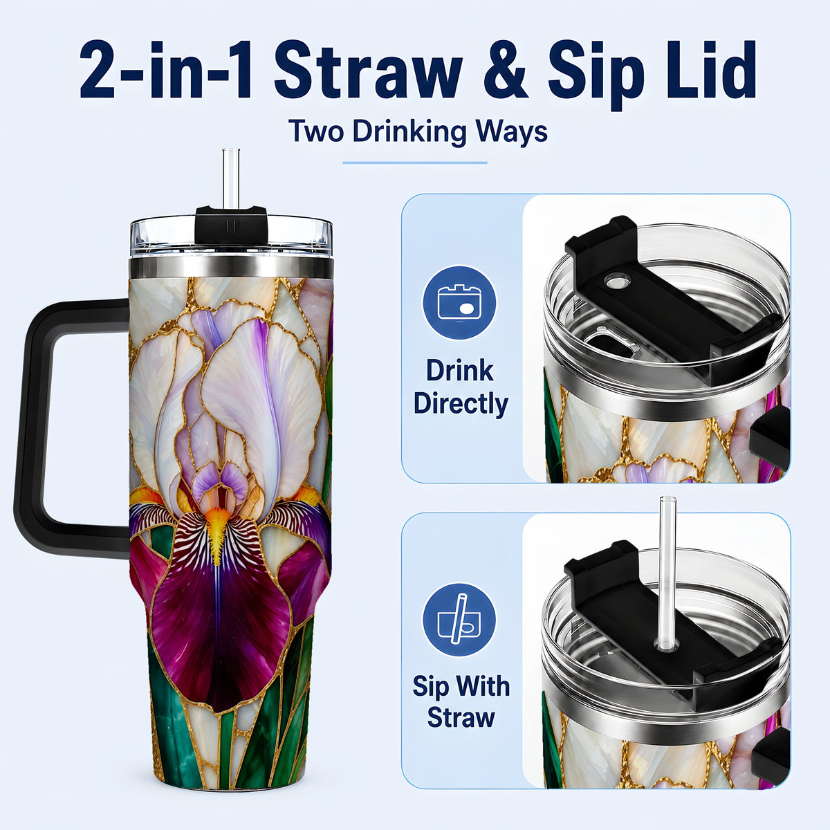 #pl[40oz|Black] Iris Flower 40oz Tumbler, Stained Glass Floral Stainless Steel Cup