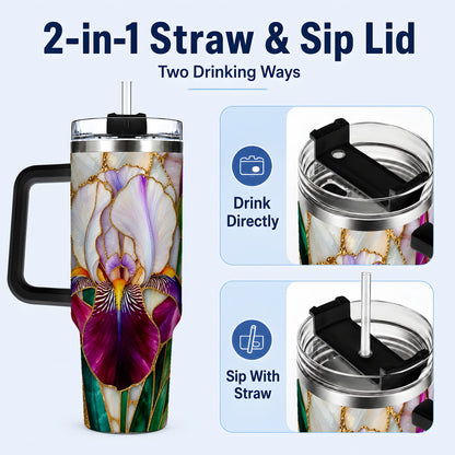 #pl[40oz|Black] Iris Flower 40oz Tumbler, Stained Glass Floral Stainless Steel Cup