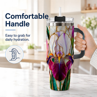 #pl[40oz|Black] Iris Flower 40oz Tumbler, Stained Glass Floral Stainless Steel Cup