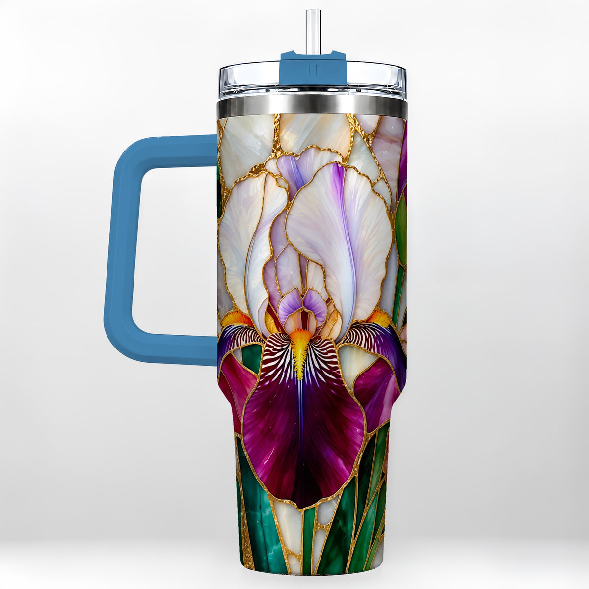 #pl[40oz|Blue] Iris Flower 40oz Tumbler, Stained Glass Floral Stainless Steel Cup
