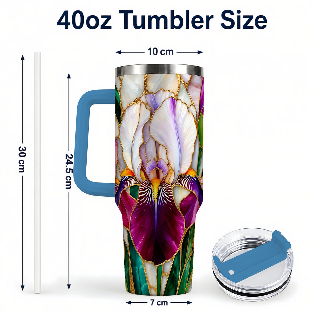 #pl[40oz|Blue] Iris Flower 40oz Tumbler, Stained Glass Floral Stainless Steel Cup