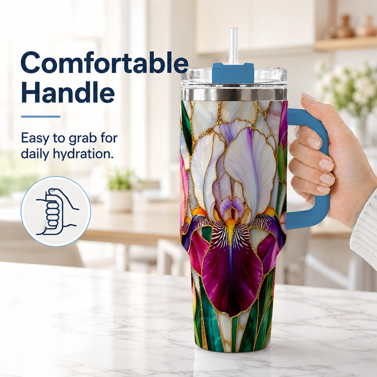 #pl[40oz|Blue] Iris Flower 40oz Tumbler, Stained Glass Floral Stainless Steel Cup