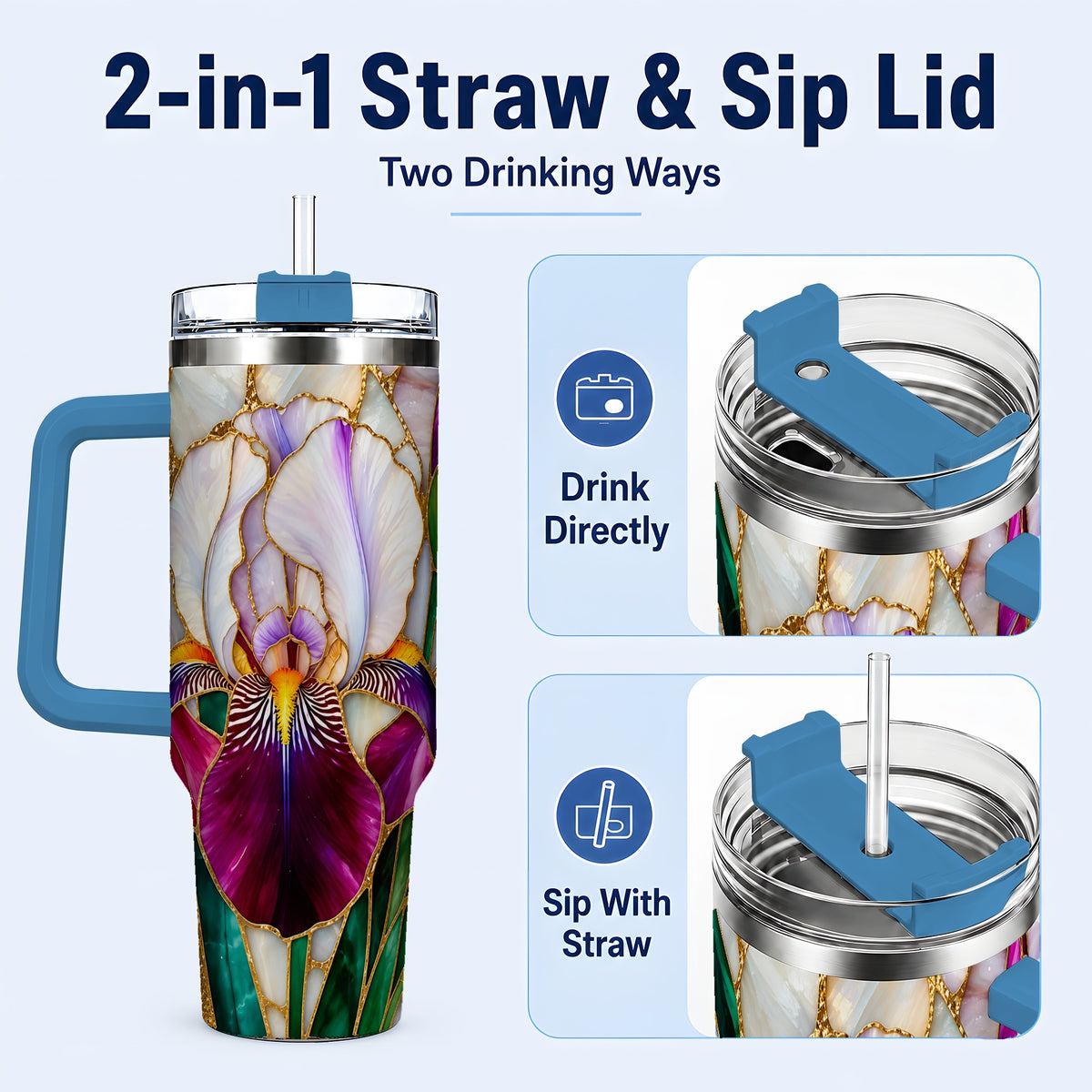#pl[40oz|Blue] Iris Flower 40oz Tumbler, Stained Glass Floral Stainless Steel Cup