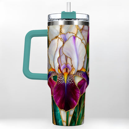 #pl[40oz|Green] Iris Flower 40oz Tumbler, Stained Glass Floral Stainless Steel Cup