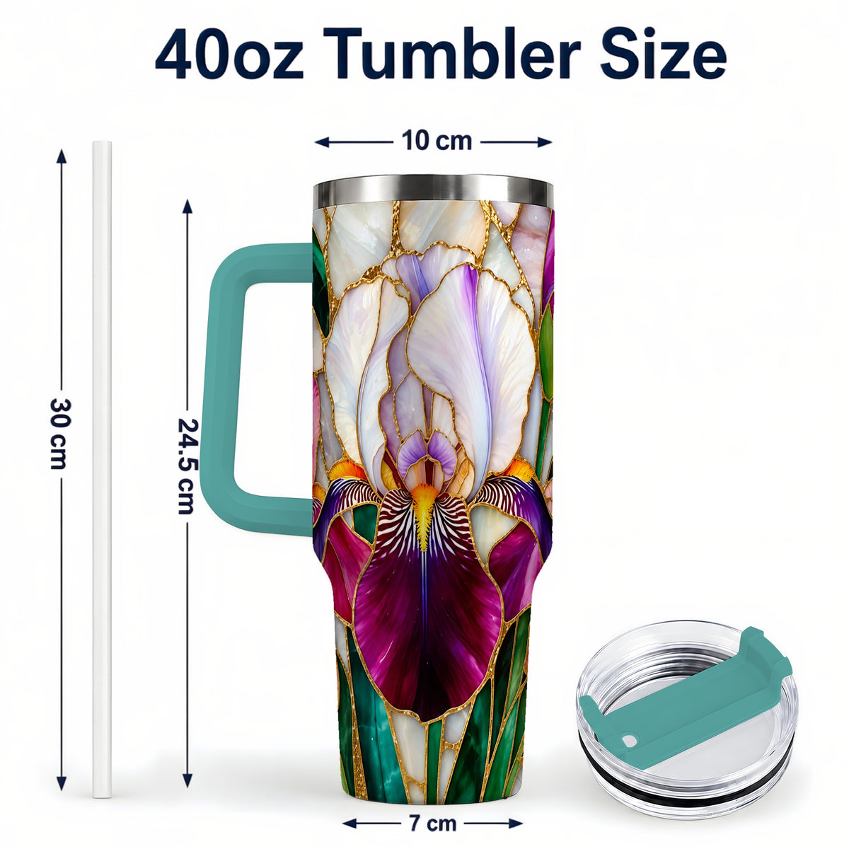 #pl[40oz|Green] Iris Flower 40oz Tumbler, Stained Glass Floral Stainless Steel Cup