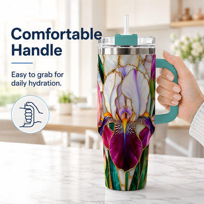#pl[40oz|Green] Iris Flower 40oz Tumbler, Stained Glass Floral Stainless Steel Cup