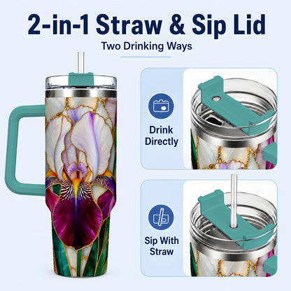#pl[40oz|Green] Iris Flower 40oz Tumbler, Stained Glass Floral Stainless Steel Cup