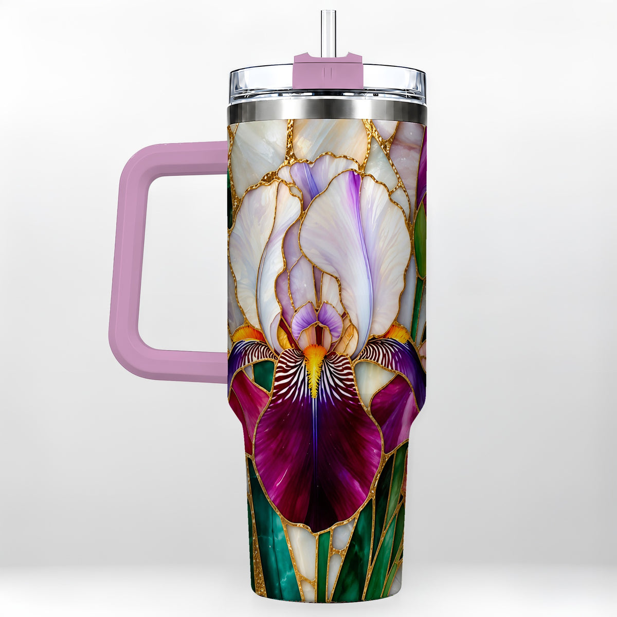 #pl[40oz|Pink] Iris Flower 40oz Tumbler, Stained Glass Floral Stainless Steel Cup