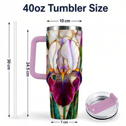 #pl[40oz|Pink] Iris Flower 40oz Tumbler, Stained Glass Floral Stainless Steel Cup