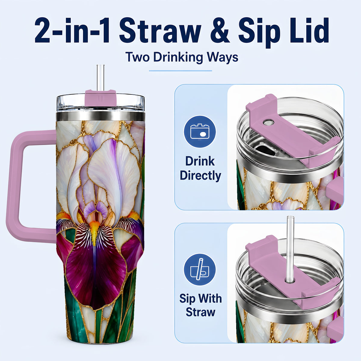 #pl[40oz|Pink] Iris Flower 40oz Tumbler, Stained Glass Floral Stainless Steel Cup