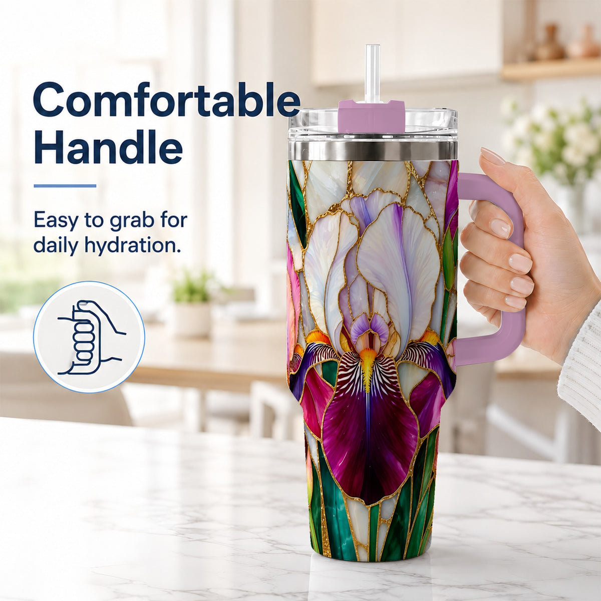 #pl[40oz|Pink] Iris Flower 40oz Tumbler, Stained Glass Floral Stainless Steel Cup