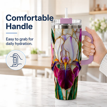 #pl[40oz|Pink] Iris Flower 40oz Tumbler, Stained Glass Floral Stainless Steel Cup