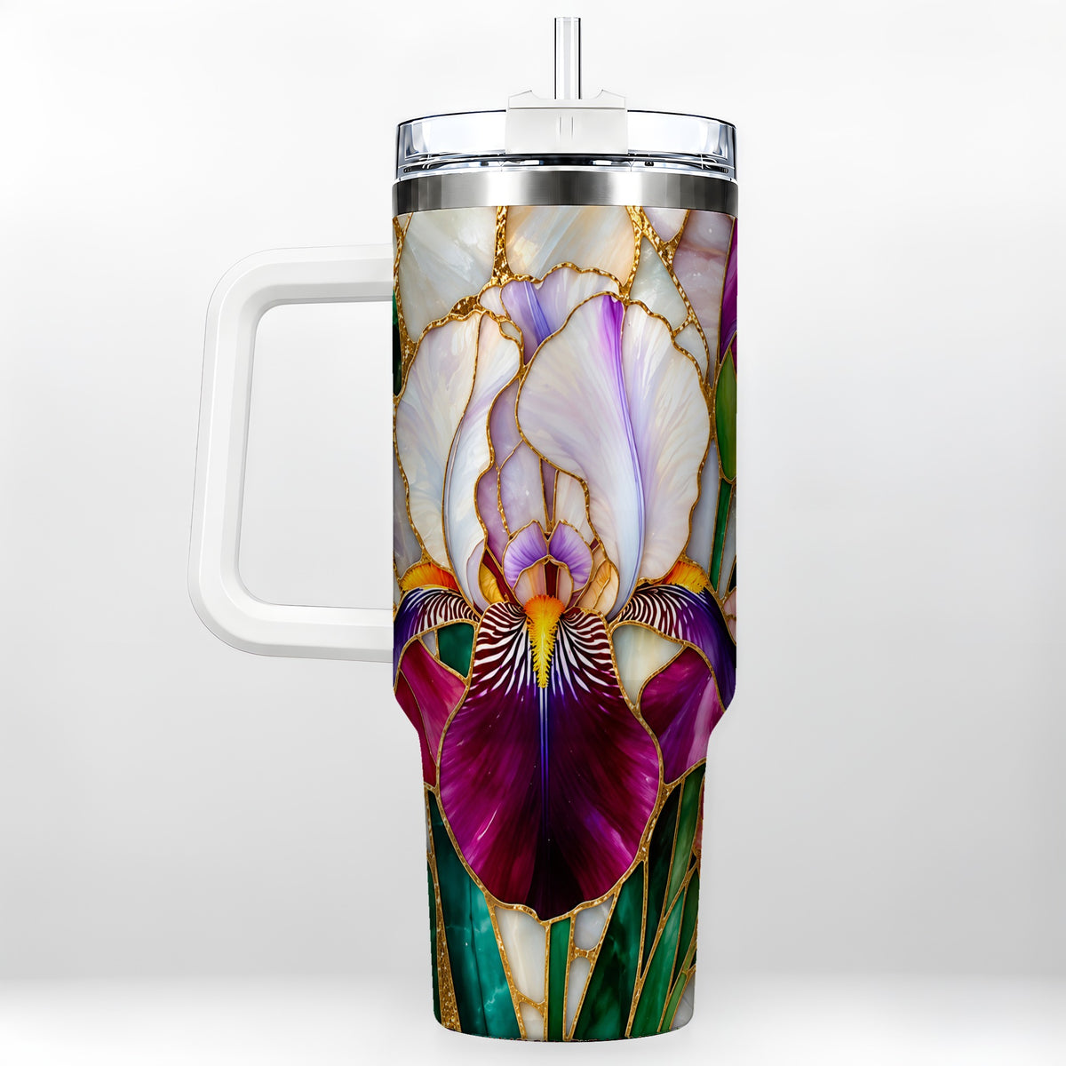 Iris Flower 40oz Tumbler, Stained Glass Floral Stainless Steel Cup