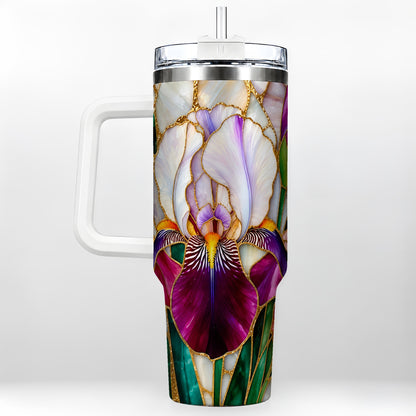 Iris Flower 40oz Tumbler, Stained Glass Floral Stainless Steel Cup