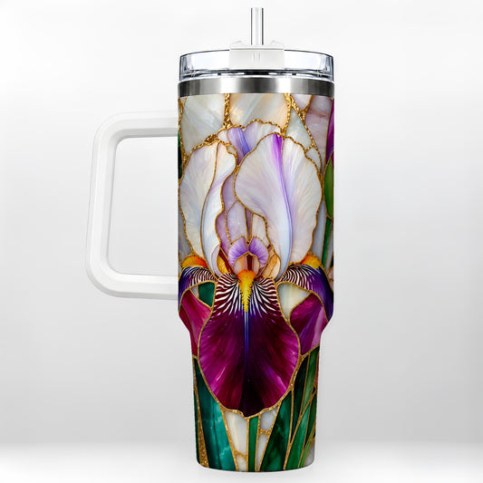Iris Flower 40oz Tumbler, Stained Glass Floral Stainless Steel Cup