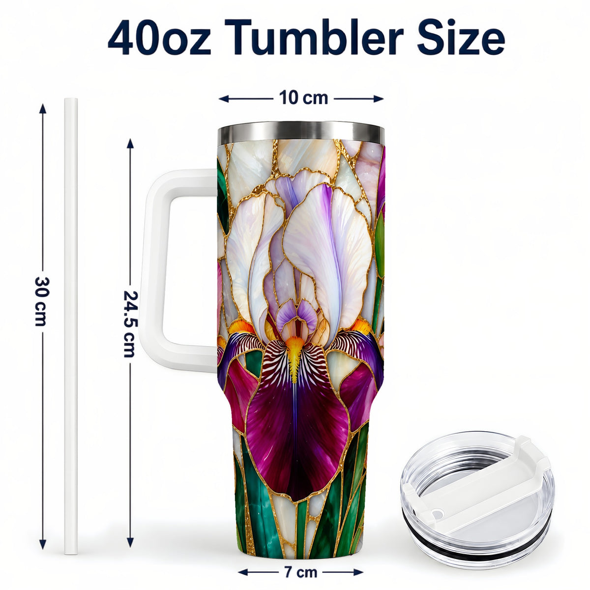 #pl[40oz|White] Iris Flower 40oz Tumbler, Stained Glass Floral Stainless Steel Cup