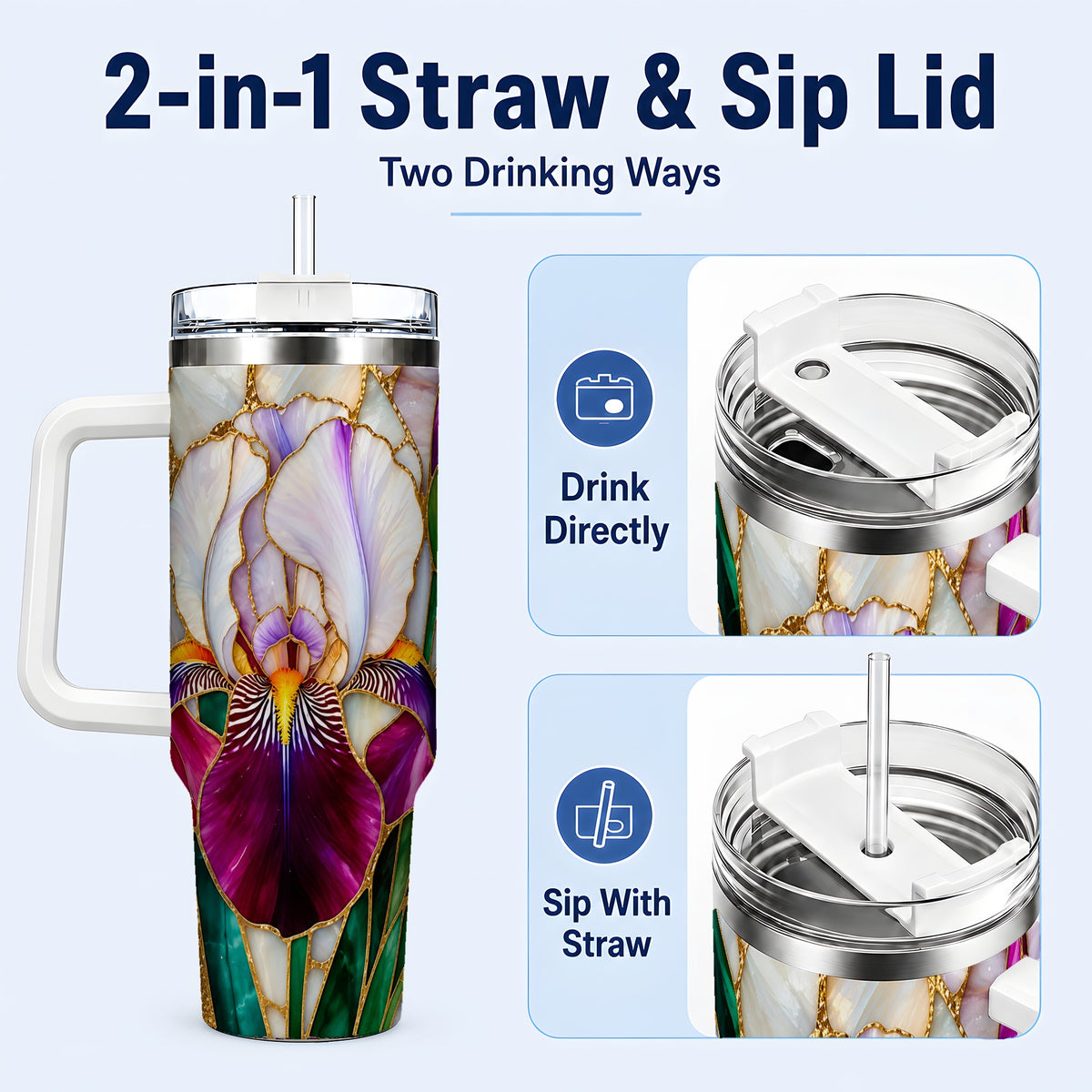 #pl[40oz|White] Iris Flower 40oz Tumbler, Stained Glass Floral Stainless Steel Cup