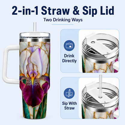 #pl[40oz|White] Iris Flower 40oz Tumbler, Stained Glass Floral Stainless Steel Cup