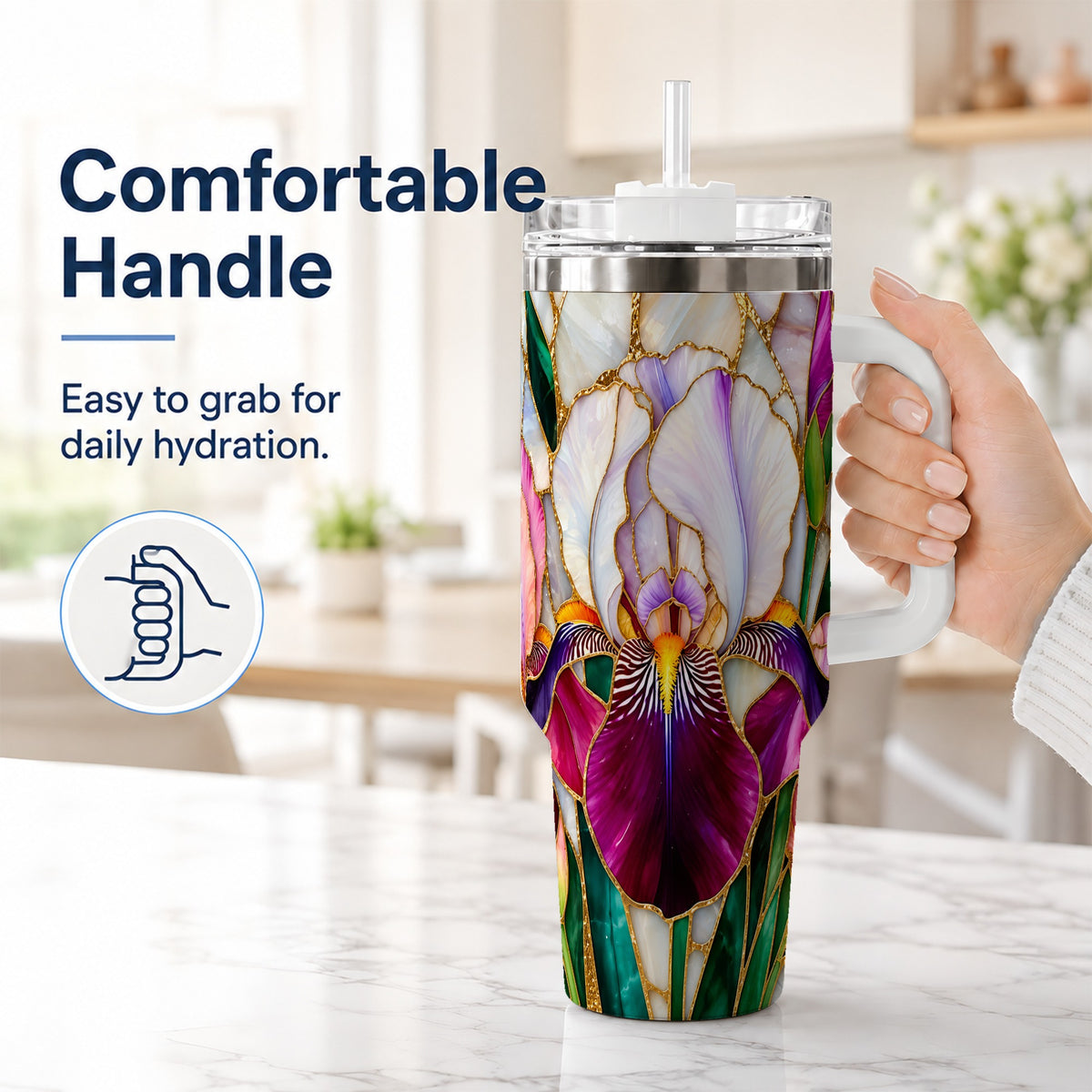 #pl[40oz|White] Iris Flower 40oz Tumbler, Stained Glass Floral Stainless Steel Cup
