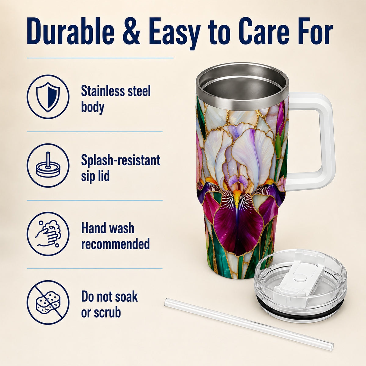 Iris Flower 40oz Tumbler, Stained Glass Floral Stainless Steel Cup