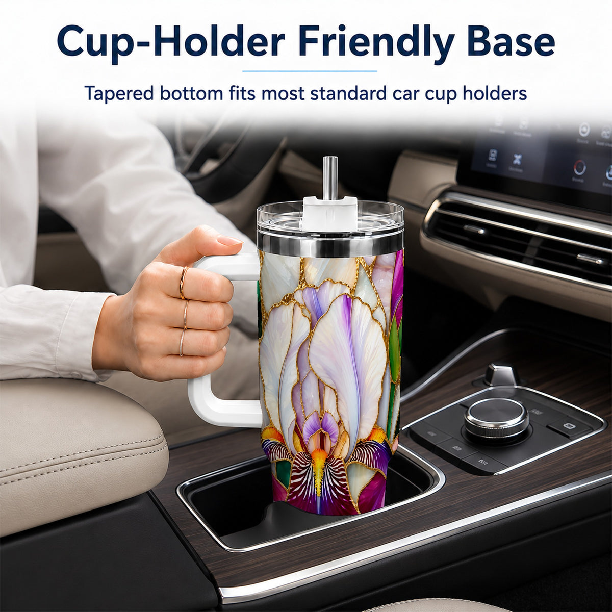 Iris Flower 40oz Tumbler, Stained Glass Floral Stainless Steel Cup
