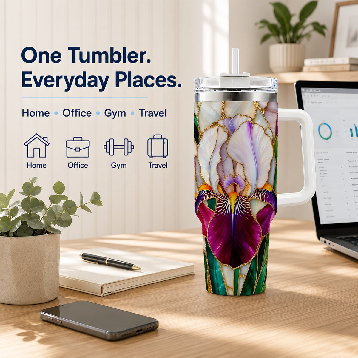 Iris Flower 40oz Tumbler, Stained Glass Floral Stainless Steel Cup