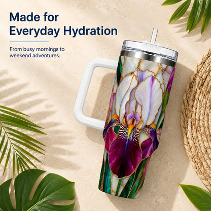 Iris Flower 40oz Tumbler, Stained Glass Floral Stainless Steel Cup