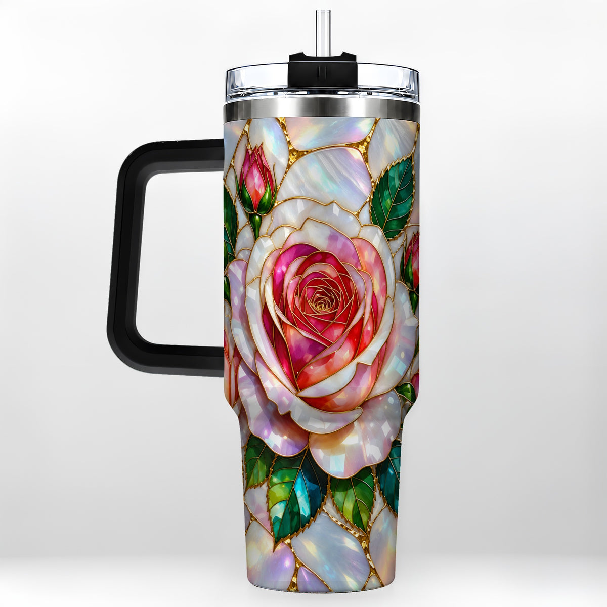 #pl[40oz|Black] Rose Floral 40oz Tumbler, Stained Glass Botanical Stainless Steel Cup