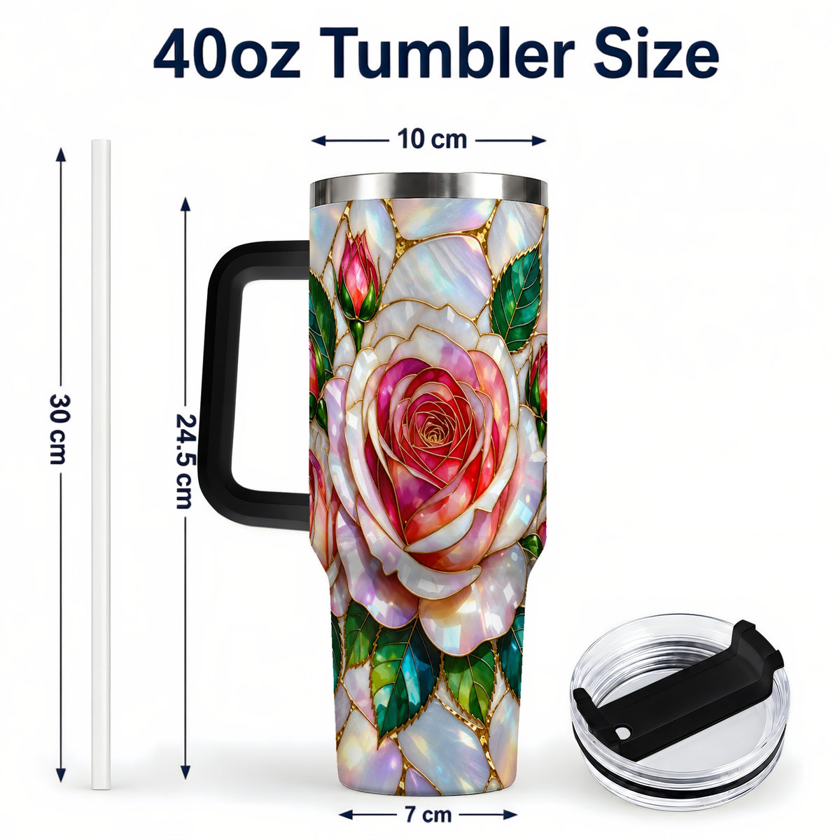#pl[40oz|Black] Rose Floral 40oz Tumbler, Stained Glass Botanical Stainless Steel Cup