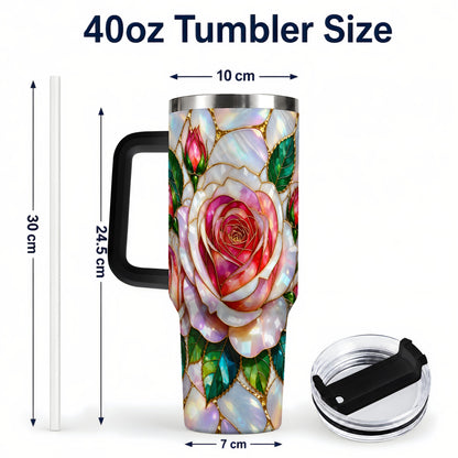 #pl[40oz|Black] Rose Floral 40oz Tumbler, Stained Glass Botanical Stainless Steel Cup