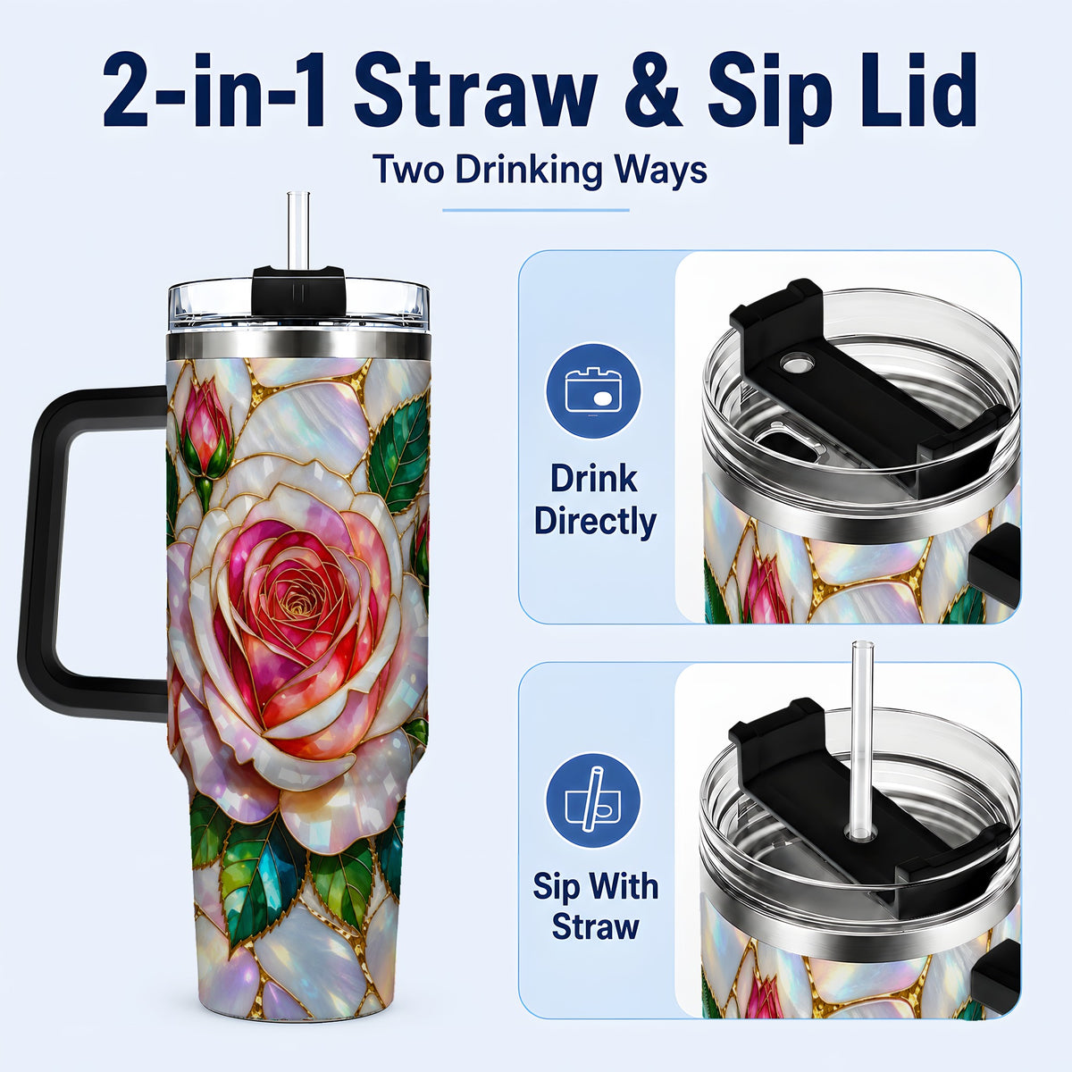 #pl[40oz|Black] Rose Floral 40oz Tumbler, Stained Glass Botanical Stainless Steel Cup