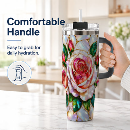 #pl[40oz|Black] Rose Floral 40oz Tumbler, Stained Glass Botanical Stainless Steel Cup