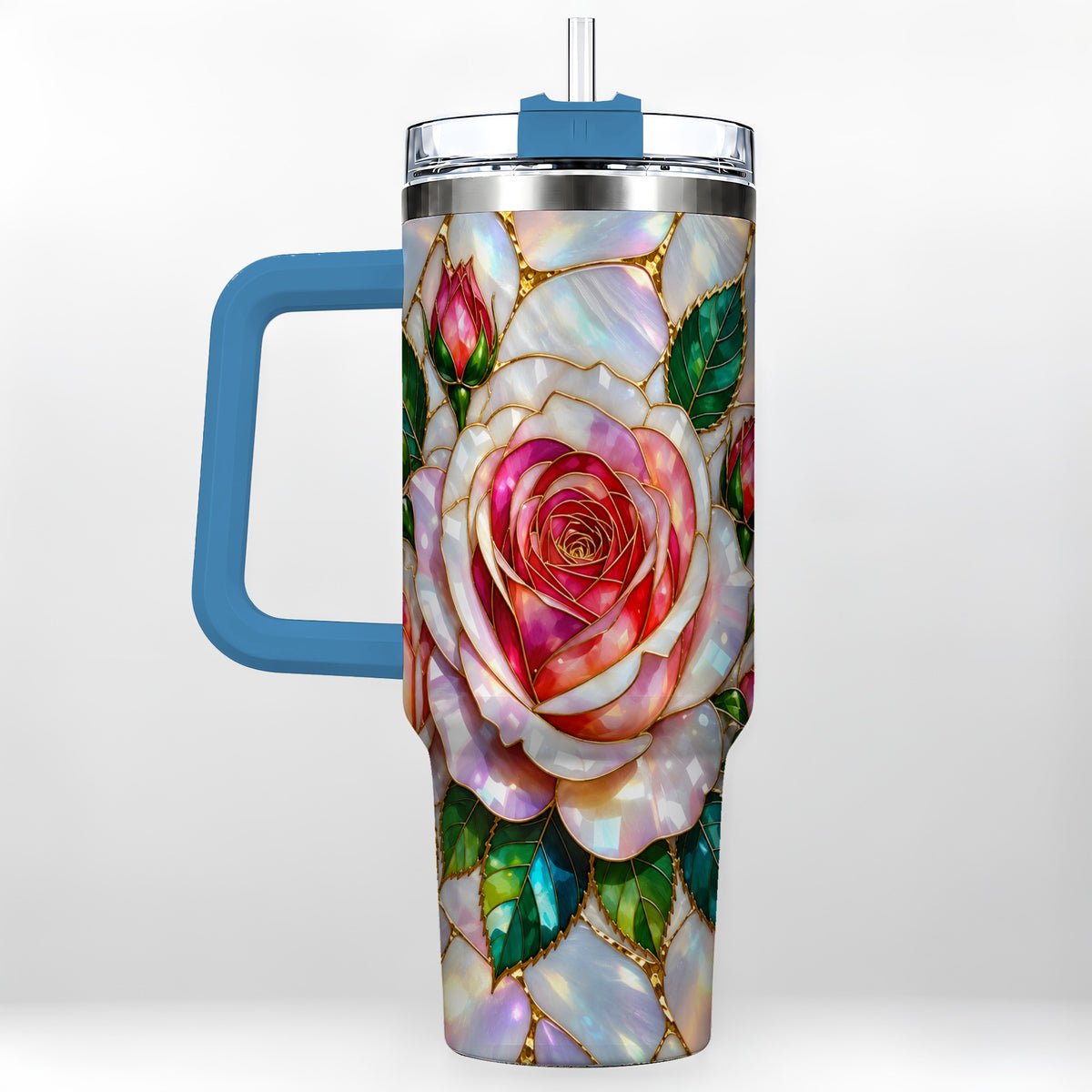 #pl[40oz|Blue] Rose Floral 40oz Tumbler, Stained Glass Botanical Stainless Steel Cup
