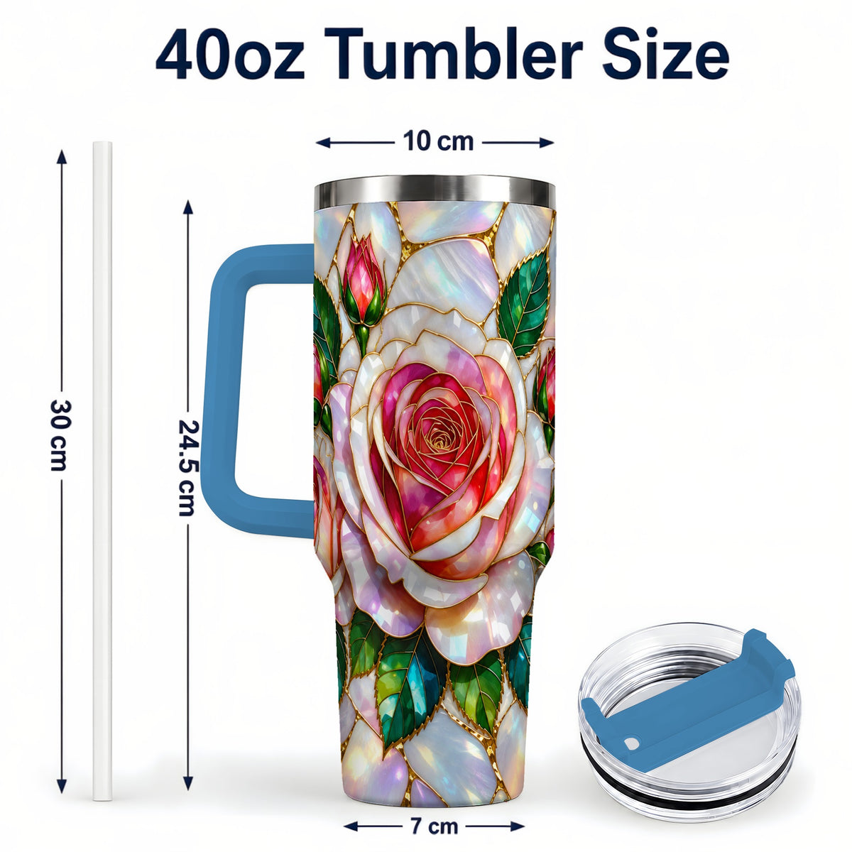 #pl[40oz|Blue] Rose Floral 40oz Tumbler, Stained Glass Botanical Stainless Steel Cup