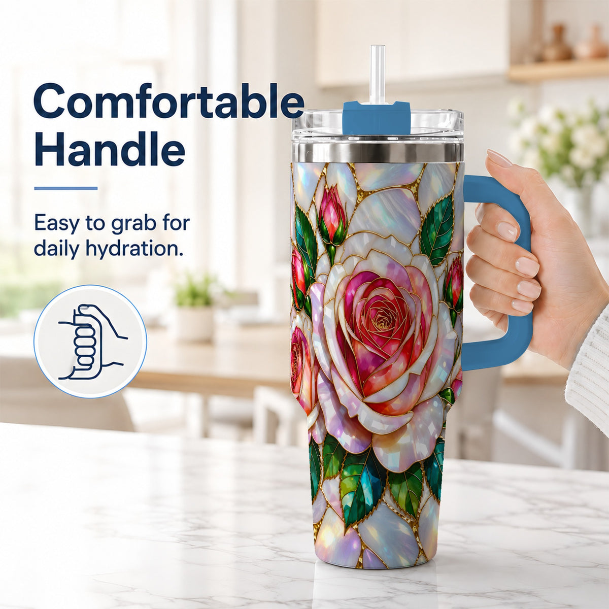 #pl[40oz|Blue] Rose Floral 40oz Tumbler, Stained Glass Botanical Stainless Steel Cup