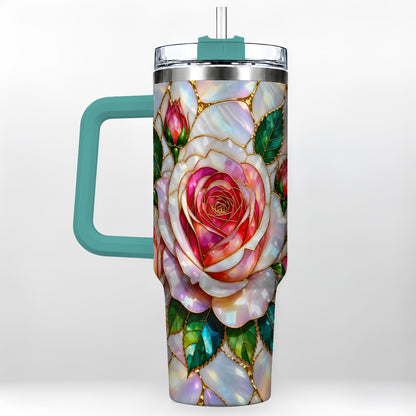#pl[40oz|Green] Rose Floral 40oz Tumbler, Stained Glass Botanical Stainless Steel Cup