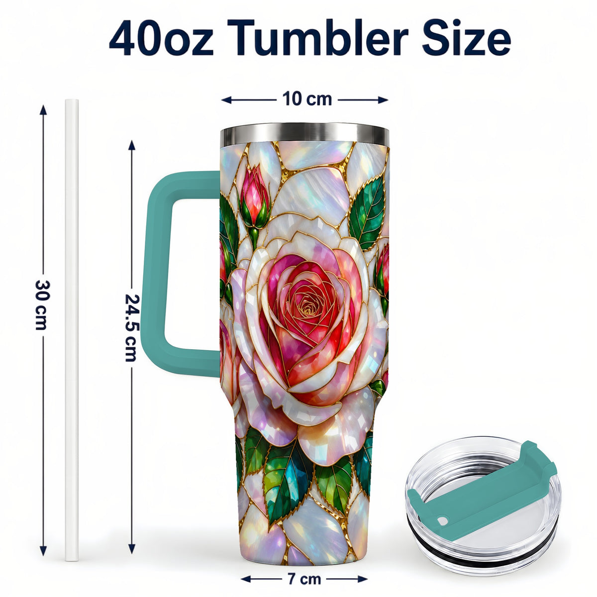 #pl[40oz|Green] Rose Floral 40oz Tumbler, Stained Glass Botanical Stainless Steel Cup