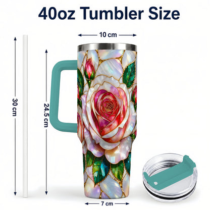 #pl[40oz|Green] Rose Floral 40oz Tumbler, Stained Glass Botanical Stainless Steel Cup