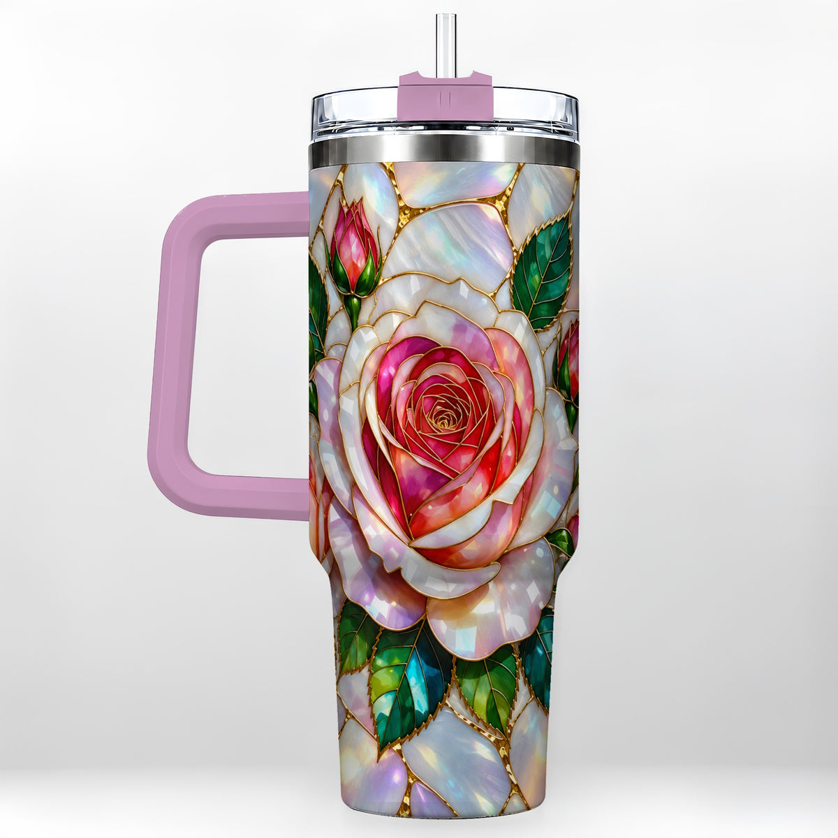 #pl[40oz|Pink] Rose Floral 40oz Tumbler, Stained Glass Botanical Stainless Steel Cup