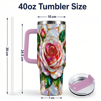 #pl[40oz|Pink] Rose Floral 40oz Tumbler, Stained Glass Botanical Stainless Steel Cup