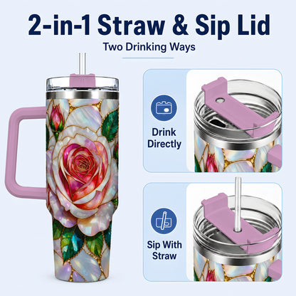 #pl[40oz|Pink] Rose Floral 40oz Tumbler, Stained Glass Botanical Stainless Steel Cup