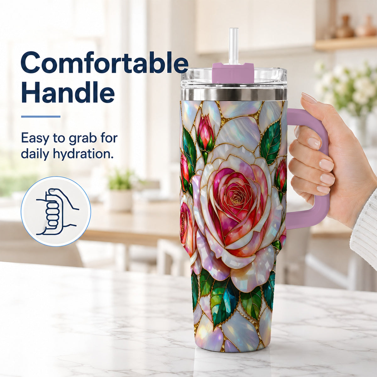 #pl[40oz|Pink] Rose Floral 40oz Tumbler, Stained Glass Botanical Stainless Steel Cup