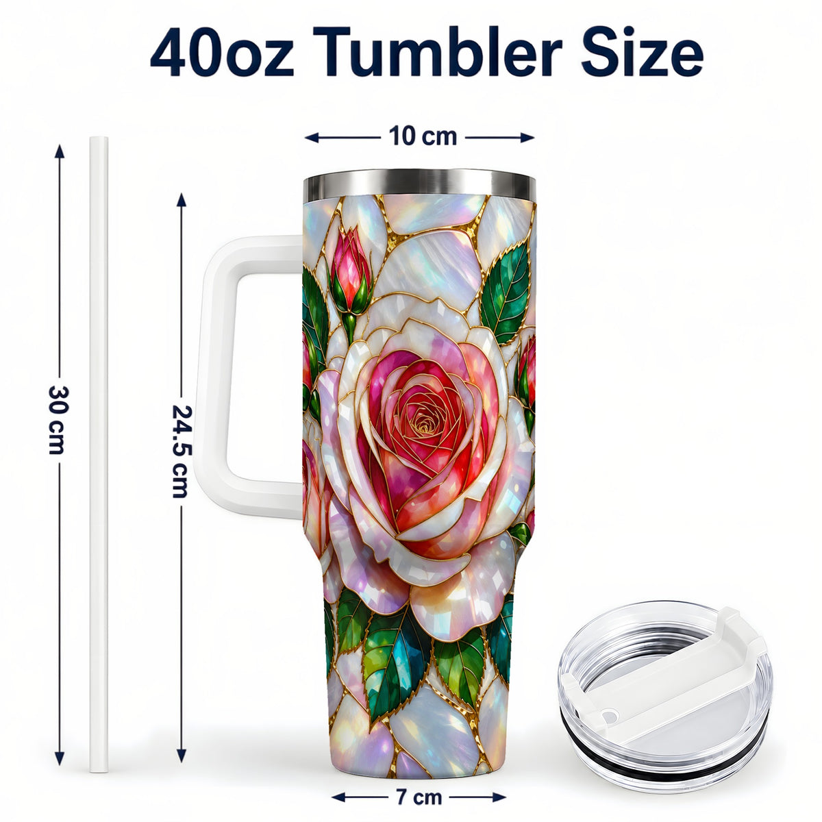 #pl[40oz|White] Rose Floral 40oz Tumbler, Stained Glass Botanical Stainless Steel Cup