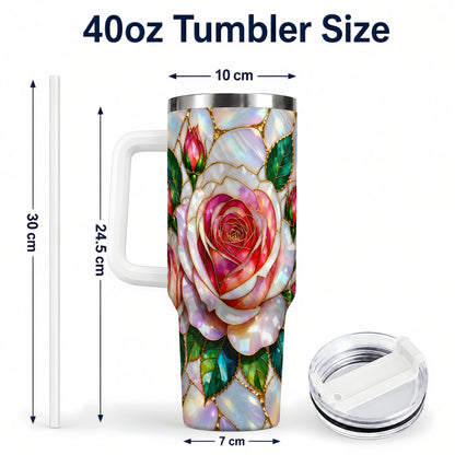 #pl[40oz|White] Rose Floral 40oz Tumbler, Stained Glass Botanical Stainless Steel Cup