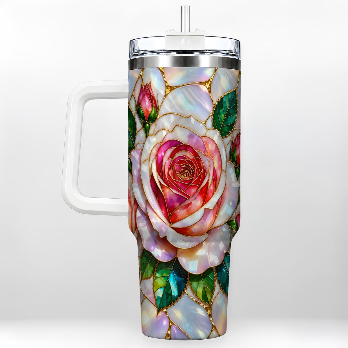 Rose Floral 40oz Tumbler, Stained Glass Botanical Stainless Steel Cup