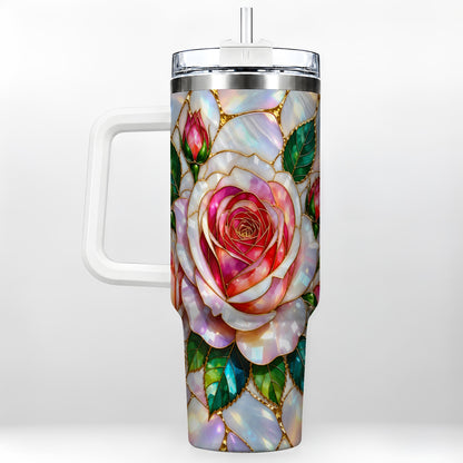 Rose Floral 40oz Tumbler, Stained Glass Botanical Stainless Steel Cup