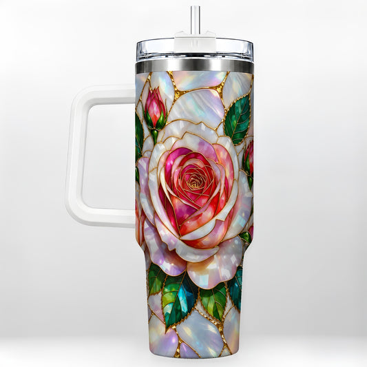 Rose Floral 40oz Tumbler, Stained Glass Botanical Stainless Steel Cup