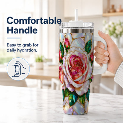 #pl[40oz|White] Rose Floral 40oz Tumbler, Stained Glass Botanical Stainless Steel Cup